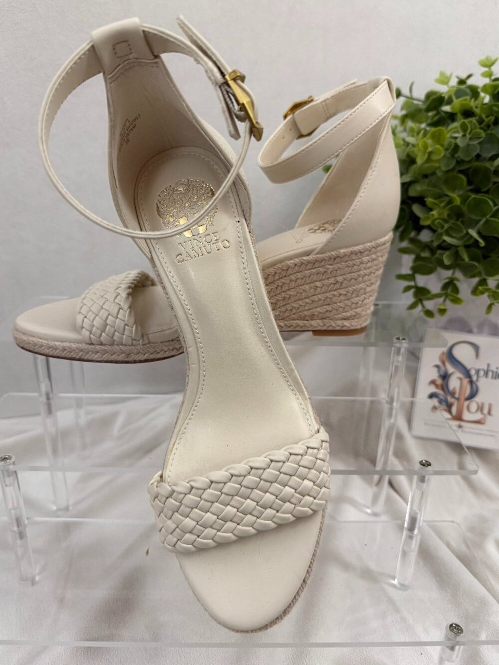Vince Camuto Ivory Leather Woven Espadrille Wedge Sandals Size 7 NEW